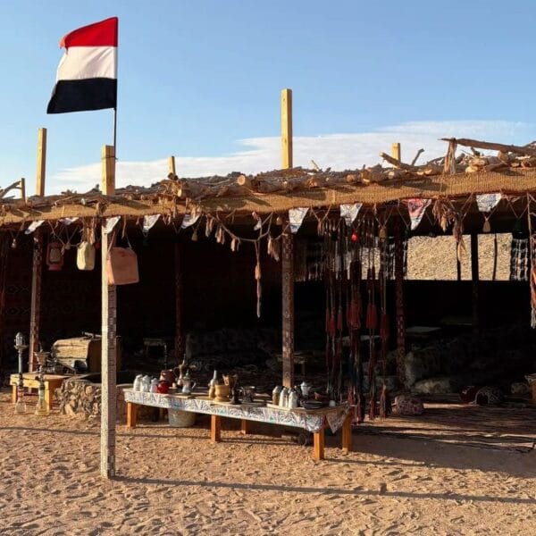 Super Safari Hurghada adventure showcasing a traditional Bedouin tent decorated with the Egyptian flag