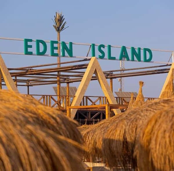 The official "EDEN ISLAND" welcome sign at the entrance of the resort in Hurghada, Egypt