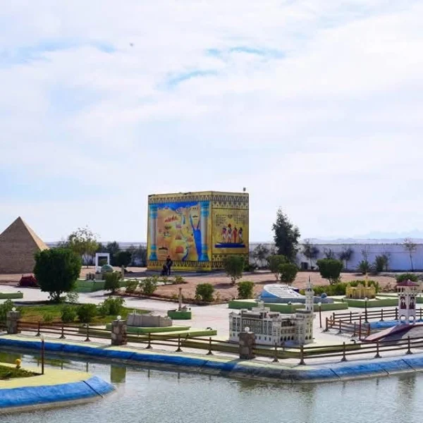 Miniature replica of the Aswan High Dam and surrounding monuments at Mini Egypt Park.