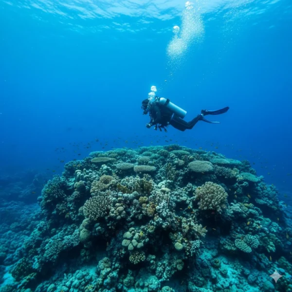 A scuba diver exploring a sloping coral reef wall in Hurghada with natural sunlight streaming through the clear blue water.