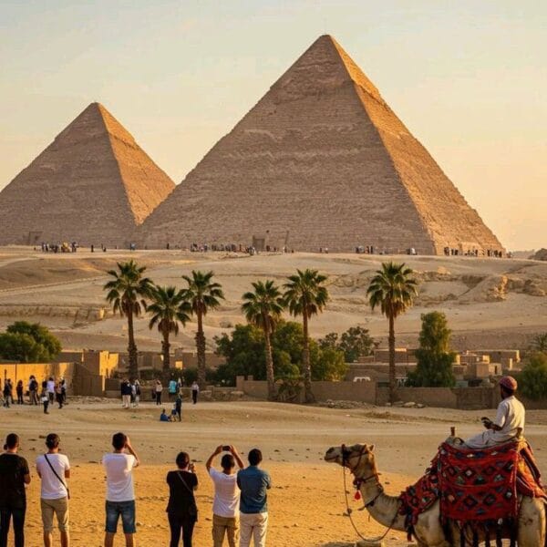 A breathtaking sunset view of the Great Pyramids of Giza with tourists and a camel in the foreground during a Cairo city tour