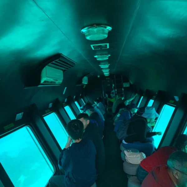 A wide view of the dark, illuminated cabin of an underwater viewing vessel with passengers seated at