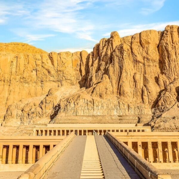 Luxor Over Day: The magnificent Mortuary Temple of Hatshepsut at Deir el-Bahari, carved into the dramatic limestone cliffs near the Valley of the Kings