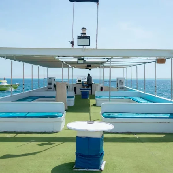 The open-air upper deck of a boat featuring green turf flooring and white benches with turquoise cushions overlooking the ocean.