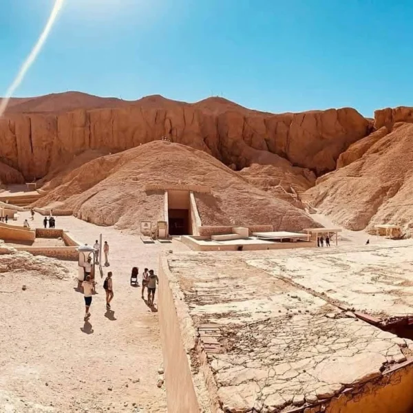 A view of the modern entrance stairs leading down into the subterranean tomb of Tutankhamun (KV62) in the Valley of the Kings, Egypt.