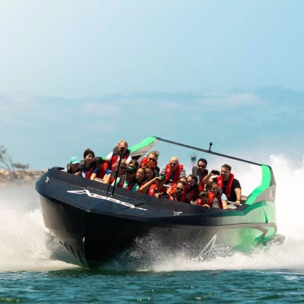 Twister Boat Hurghada: A high-speed black and green jet boat performing sharp turns with passengers wearing life jackets on the Red Sea