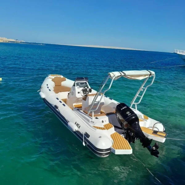 A white Viga brand RIB boat with wood-textured decking anchored in clear turquoise water.