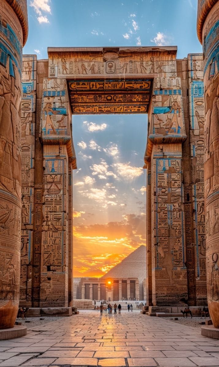 A view through a massive ancient Egyptian temple stone portal showing the Great Pyramid of Giza during a vibrant orange sunset